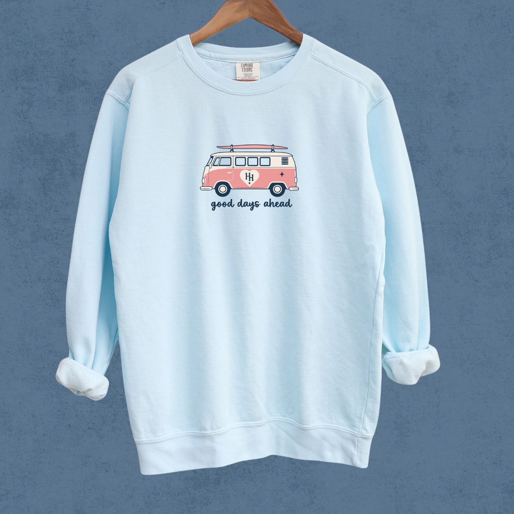 Happier Here "Good Days Ahead" Crewneck-Chambray