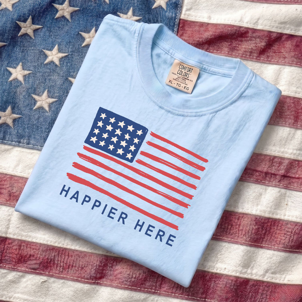 Happier Here Flag-Tee Chambray
