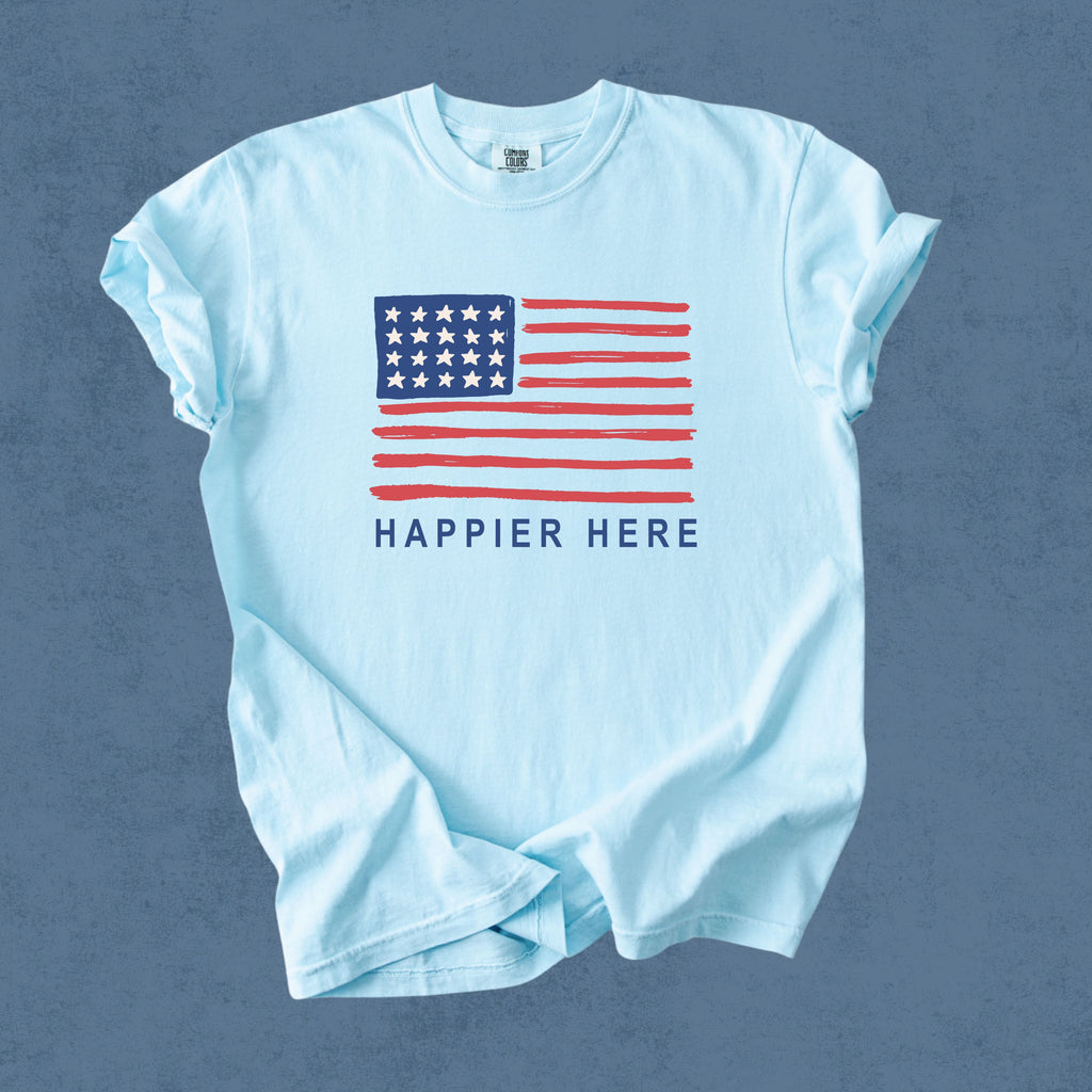 Happier Here Flag-Tee Chambray