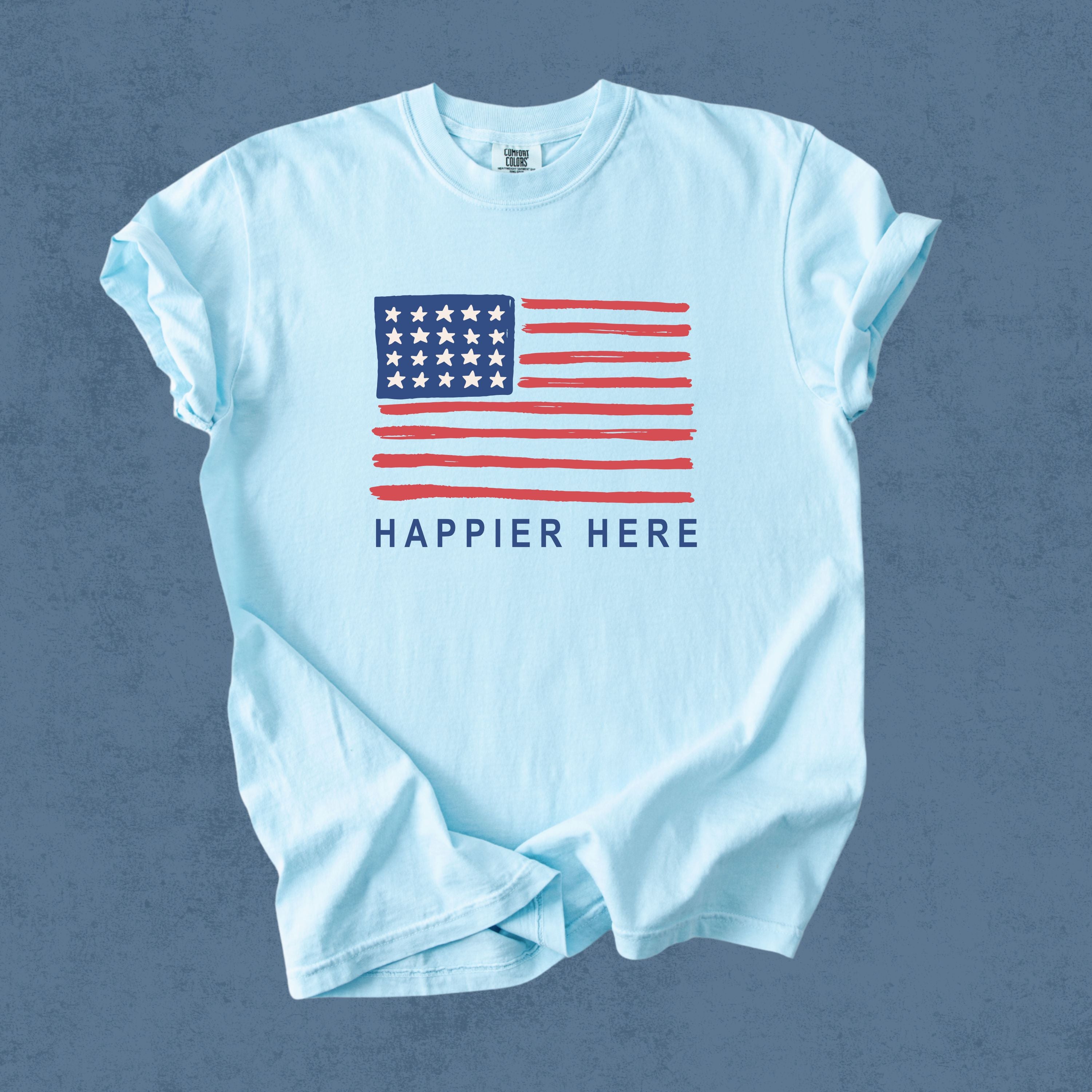 Happier Here Flag-Tee Chambray