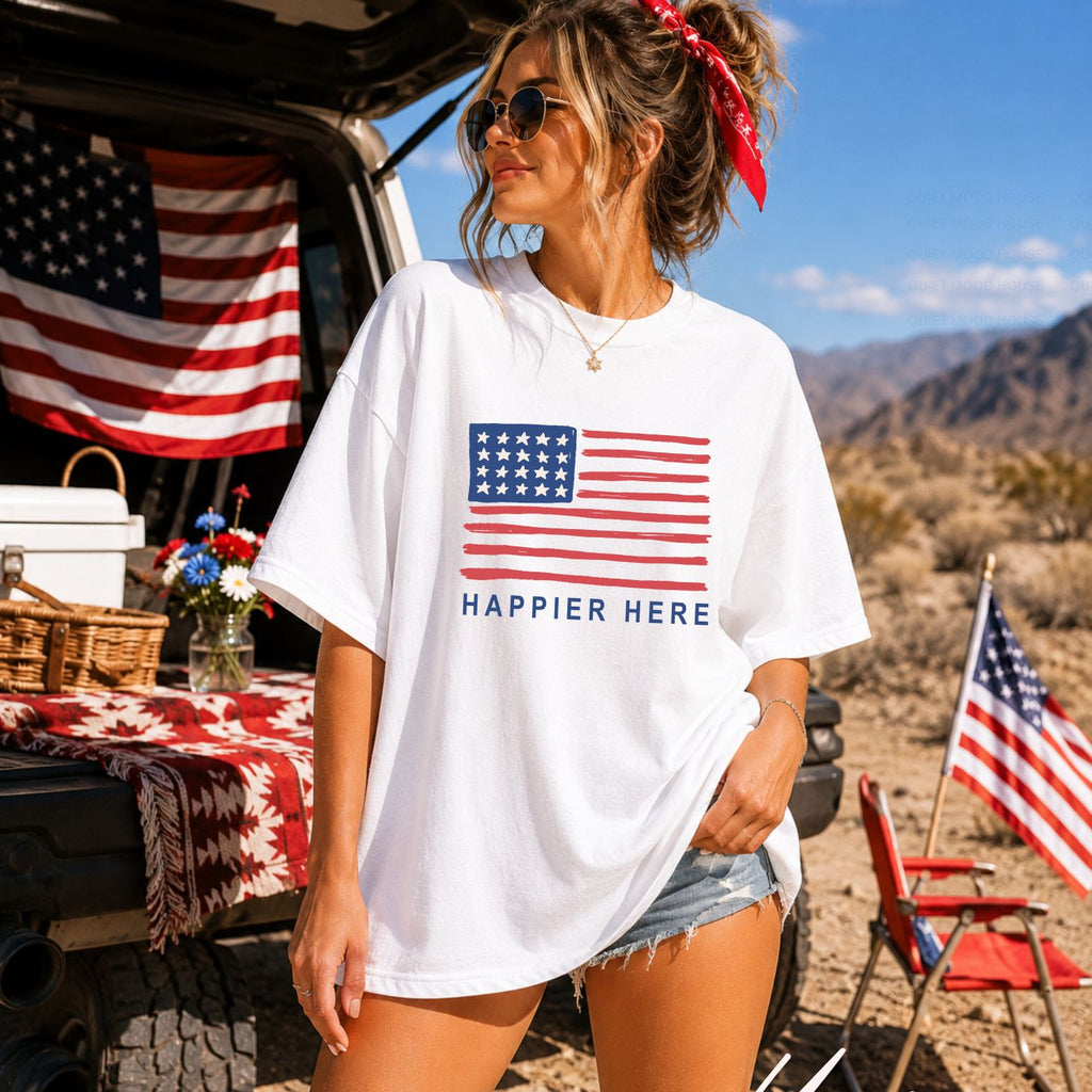 Happier Here Flag-Tee White