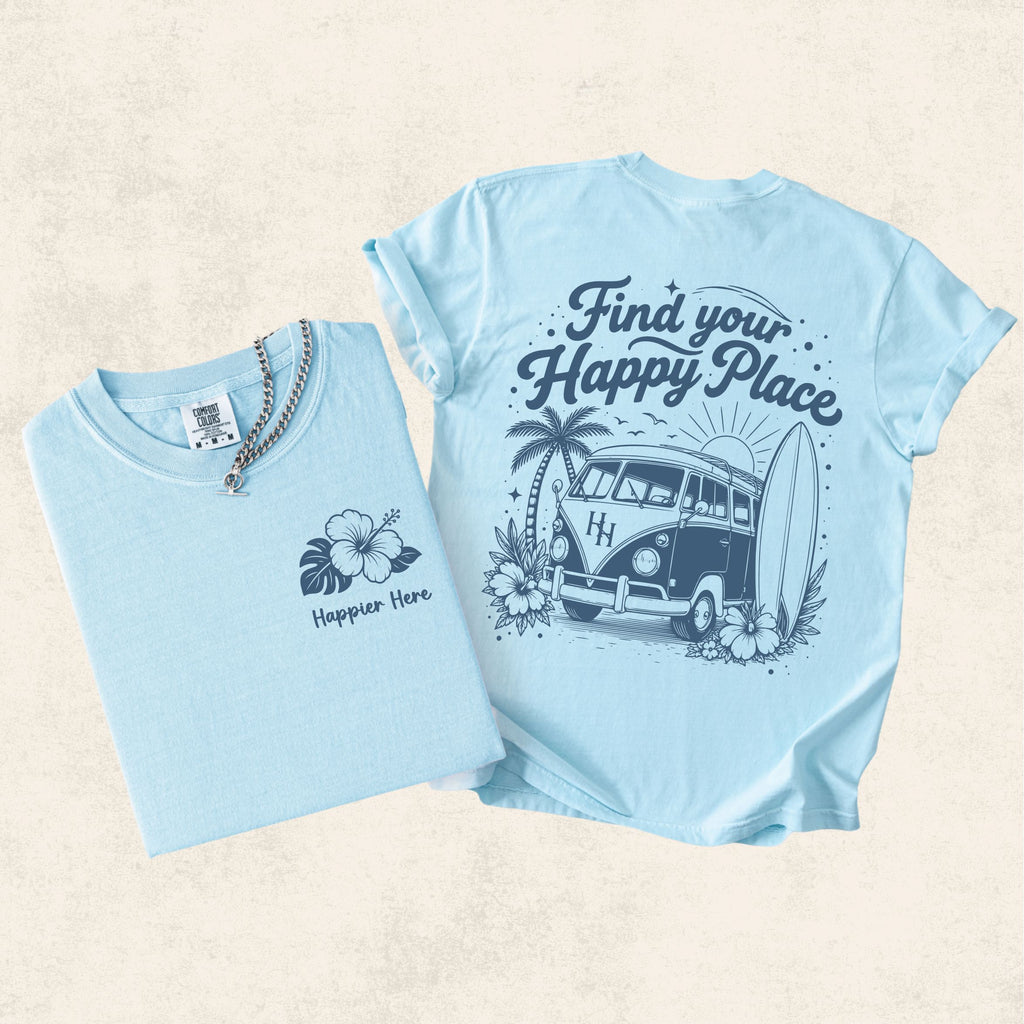 Happier Here "Find Your Happy Place" Tee - Chambray