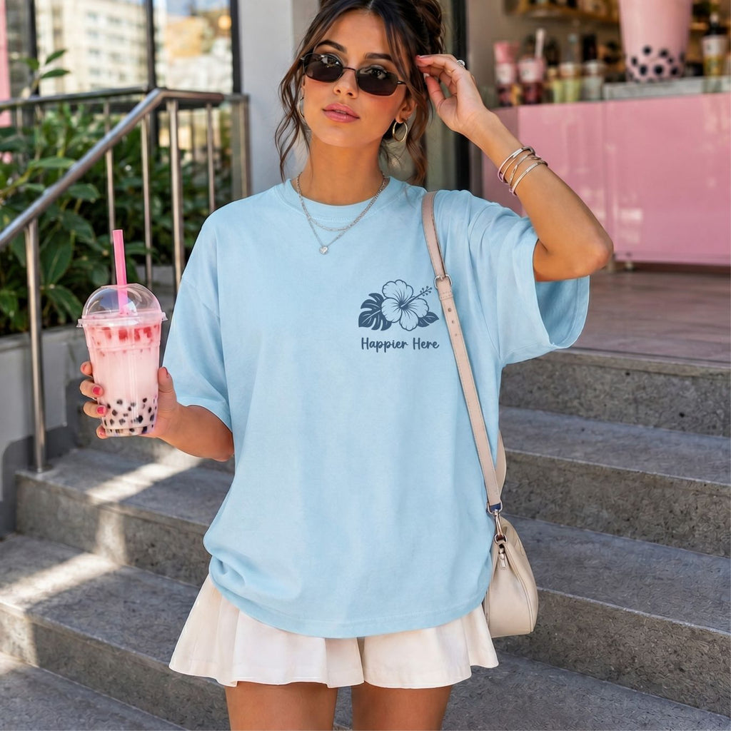 Happier Here "Find Your Happy Place" Tee - Chambray