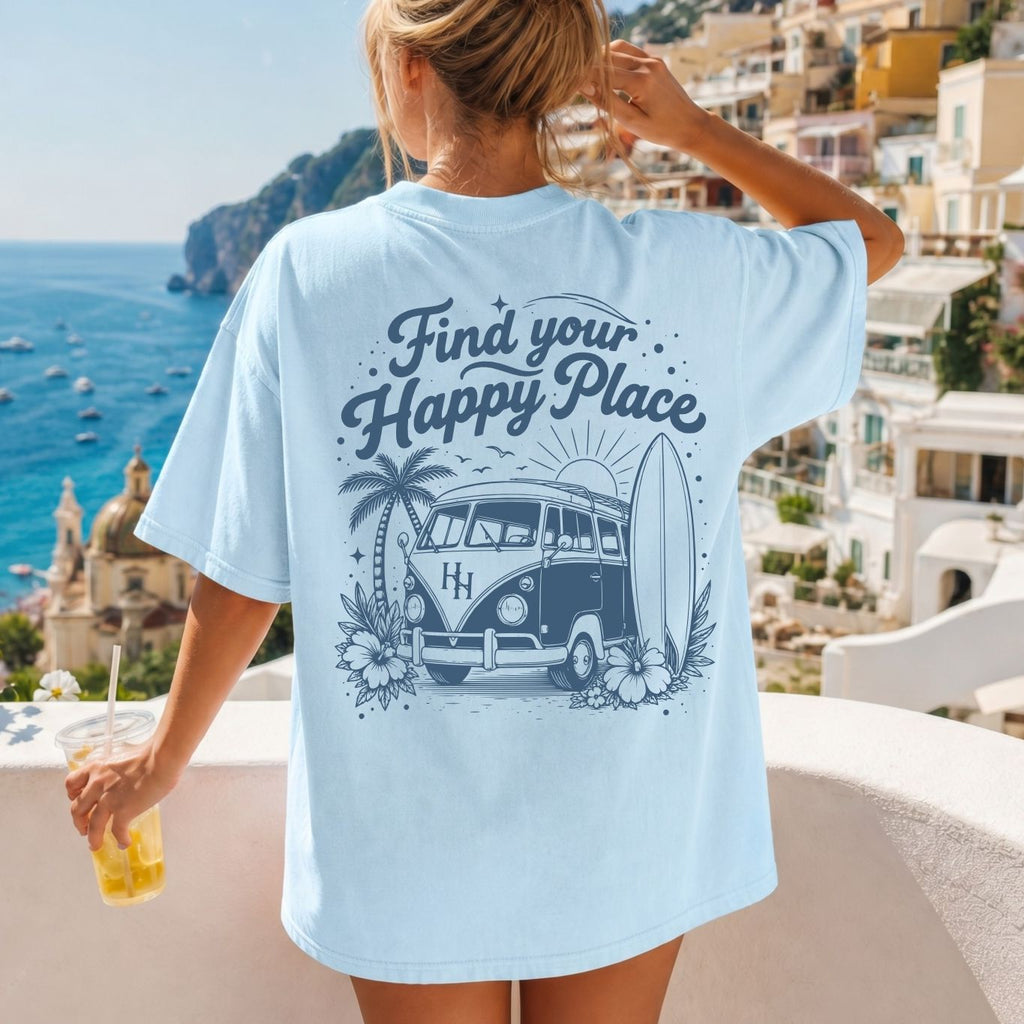 Happier Here "Find Your Happy Place" Tee - Chambray