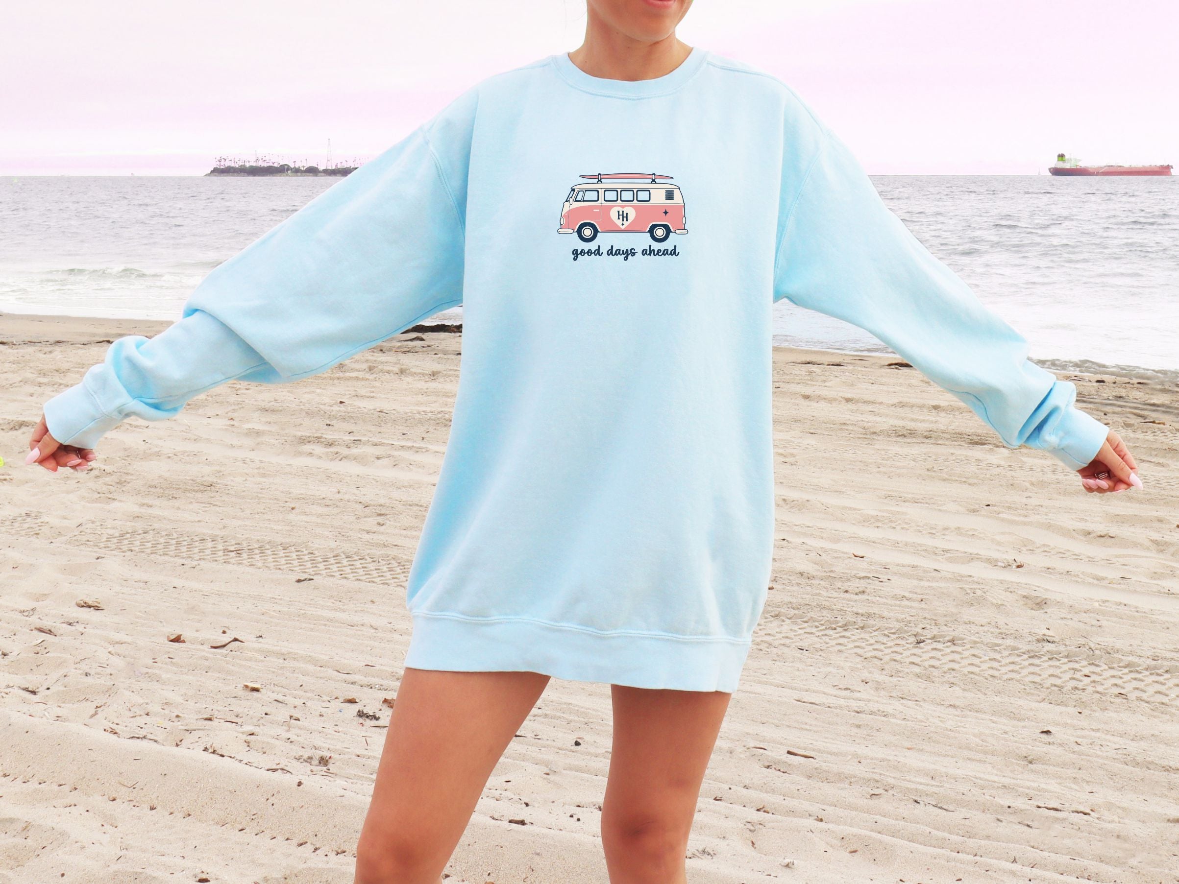 Happier Here "Good Days Ahead" Crewneck-Chambray